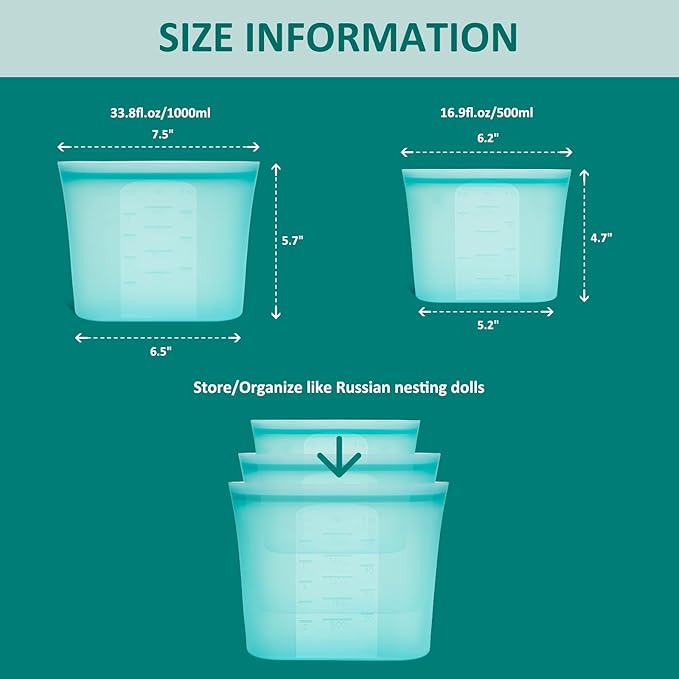8-Pack Reusable Silicone Food Storage Bags, 100% Silicone Stand-Up Wide-Open Zip-Lock Reusable Storage Bags for Food, Freezer Microwave Oven Dishwasher Safe, Aqua, 4S 4XS - Image 6