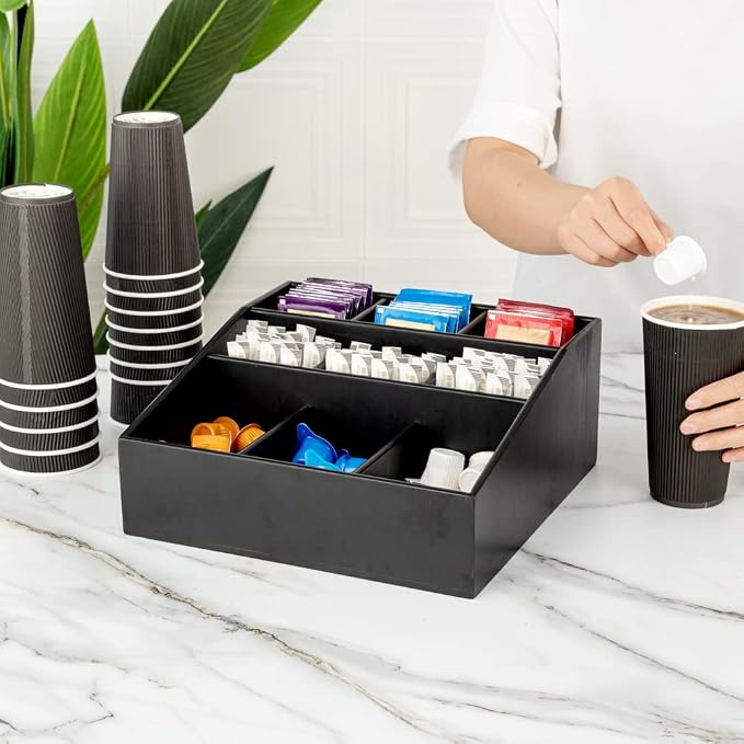 Restaurantware-11.75 x 5.5 Inch Coffee Condiment Organizer, 1 Square Creamer Organizer - 9 Compartments, Break-Resistant, Black Bamboo Coffee Accessory Caddy, Won't Chip, For Sugar Packets & Creamers - Image 4