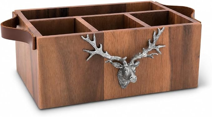 Elk Head Handles Wood Flatware Caddy with Pewter Accents - Rustic Utensil Organizer for Home Decor - 13" Long - Image 9