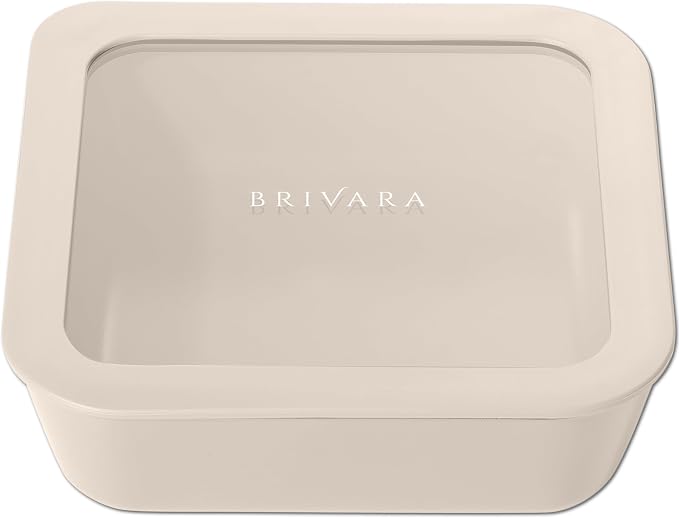 Glass Food Storage Container with Lid, 5-Cup Medium Square | Microwave-Safe Airtight Lid, Oven-Safe Ceramic-Coated Glass | Zero Plastic, No PFAS/PFOA/BPA, Reusable [Crema] by BrivaraHome