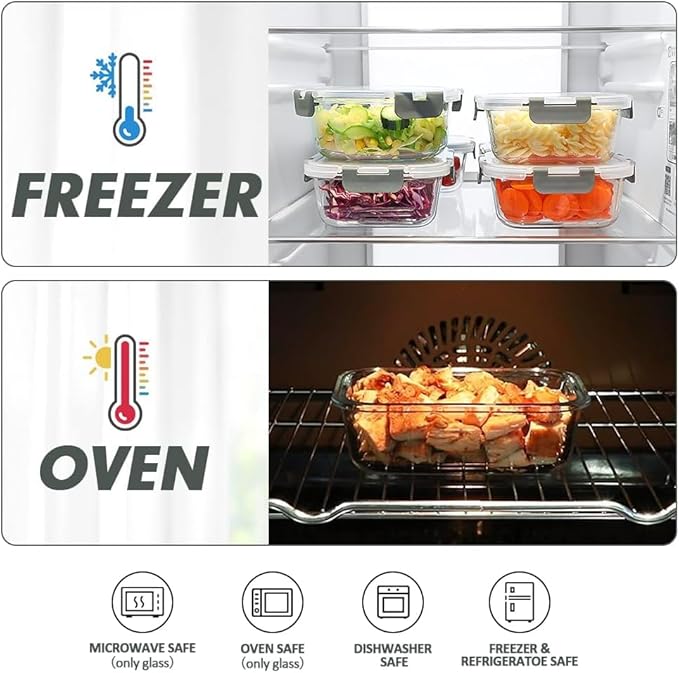 VERONES 12 Packs Glass Food Storage Containers Set with Lids, Grey | Airtight Glass Lunch Containers, Glass Meal Prep Containers with Lids, for Microwave, Oven, Freezer & Dishwasher Friendly - Image 4