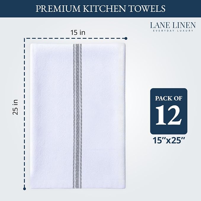 LANE LINEN Kitchen Hand Towels, 12 Pack Dish Towels for Kitchen Drying, 100% Cotton Super Absorbent Tea Towel, Quick Dry, 14"x25", Useful for Cleaning Countertops, Durable for Daily Use - Grey Stripe - Image 2
