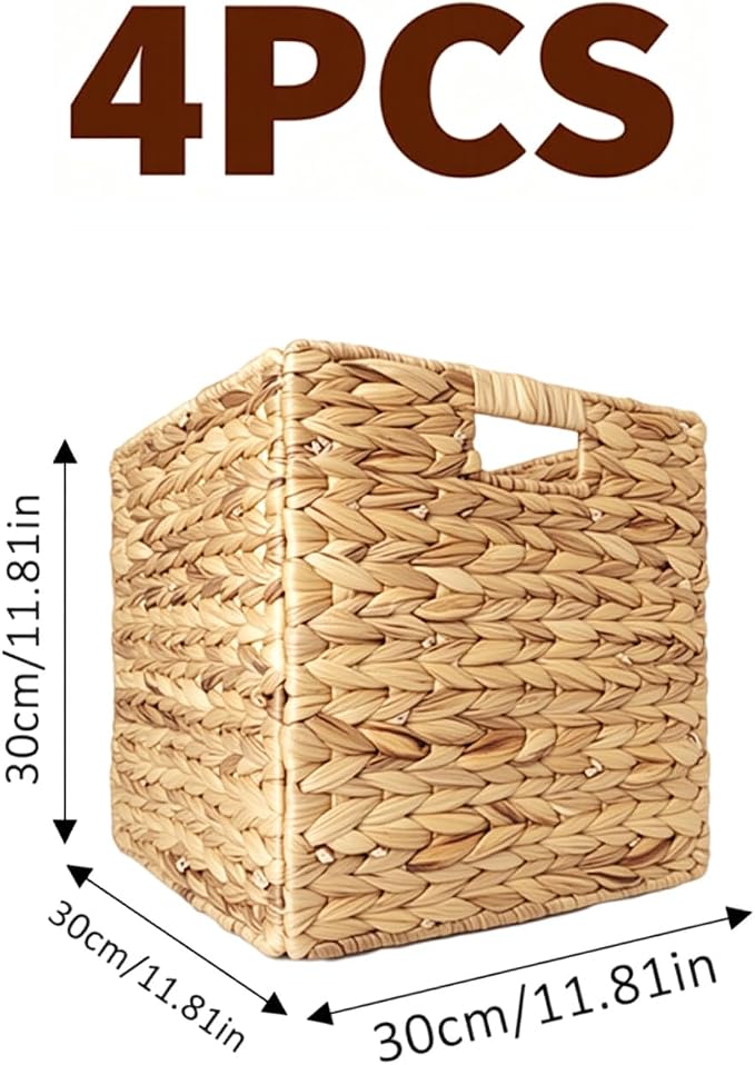 12x12in Storage Baskets,Set of 4 Water Hyacinth Baskets,Wicker Cube Baskets Laundry Organizer,Foldable Handwoven Storage Cubes,for Cube Shelf,Collapsible Laundry Baskets Pantry,Living Room,Bedroom - Image 3