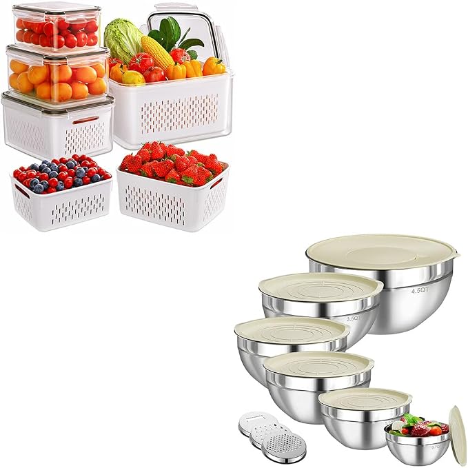 4-Pack Fruit Storage Containers for Fridge with Removable Colanders and 6 PCS Stainless Steel Mixing Bowls with 3 Grater Attachments, Kitchen Food Storage Organizers Nesting Mixing Bowl by HelpYouSaveMoreSpace
