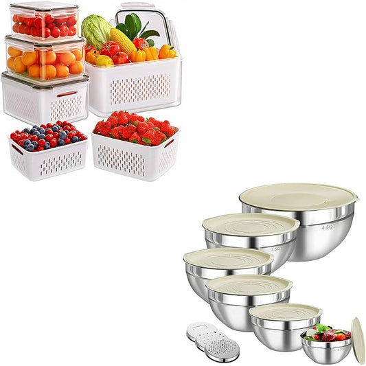 4-Pack Fruit Storage Containers for Fridge with Removable Colanders and 6 PCS Stainless Steel Mixing Bowls with 3 Grater Attachments, Kitchen Food Storage Organizers Nesting Mixing Bowl by HelpYouSaveMoreSpace