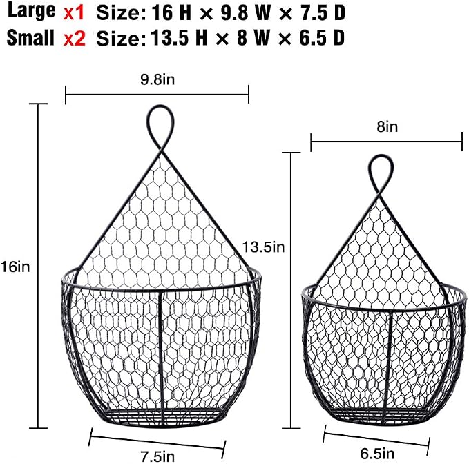 ERYTLLY Metal Fruit And Vegetable Storage Hanging Basket Wall Mounted, Hanging Basket For Kitchen Black Wire Baskets for Flowers, Fruits and Veggies - Set of 3 - Image 3