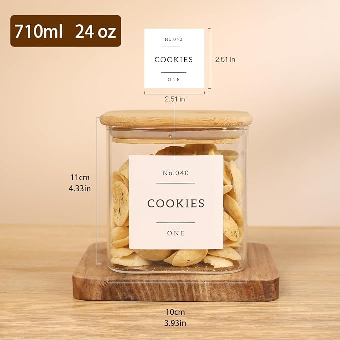 6 Pack Square Glass Pantry Storage Containers with 132 Kitchen Food Pantry Labels - 24 floz Clear Glass Pantry Jars with Airtight Wood Bamboo Lids - Glass Canisters for Sugar, Cereal, Coffee, Spice - Image 3