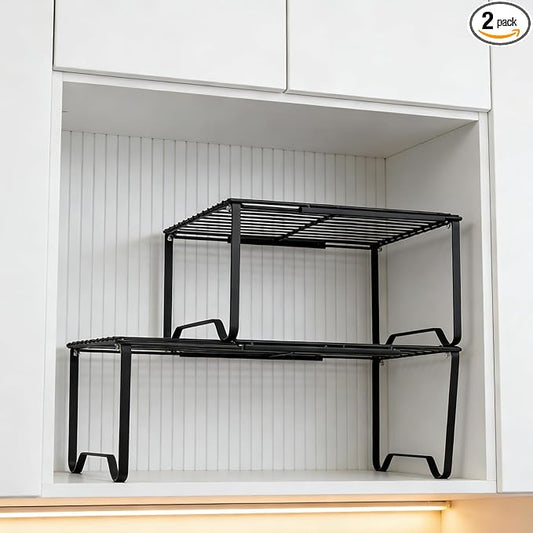 Extendable Metal Wire Shelf Organizer - Adjustable 15-24.4in Length, Stackable Storage Rack for Kitchen, Pantry, Bathroom, Shoe Cabinet & Tool Closet (2 Pack, Black) by JBESUHI