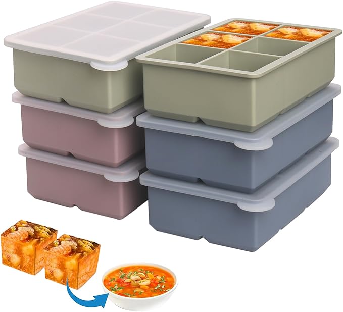 1/2 Cup Silicone Freezer Tray With Lid,Silicone Freezer Molds 6-Pack For meal prep & freezing of various sauces and other dishes, makes 36 perfect 1/2 cup portions cubes (Multicolor 6 Pack) by BECOKIT