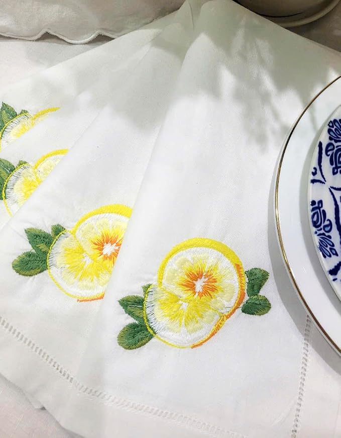 Embroidered Cloth Napkin Lemon Cotton Napkins Set of 6, 20x20 Hemstitch Table Napkins Machine Washable, Daily & Holidays, Great Present Ideas - Image 2