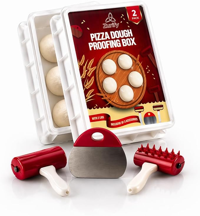Pizza Dough Proofing Container Stackable Box 2-Pack With Lids by Zurify | 15.7 x 11.8 x 3.15in Stacks to 5.9in. Snug-Fit Lids Lock In Humidity 24-72Hr Cold Fermentation BPA Free Dishwasher Safe by Zurify%C2%AE