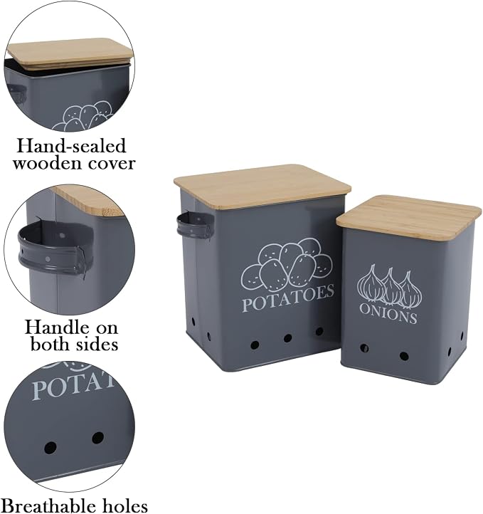Kitchen Vegetable Storage Tins Set of 2, Onion and Potato Storage Bins with Wooden Lid and Aerating Holes, Garlic Bin Caddy, Vintage Kitchen Decor, Grey - Image 2