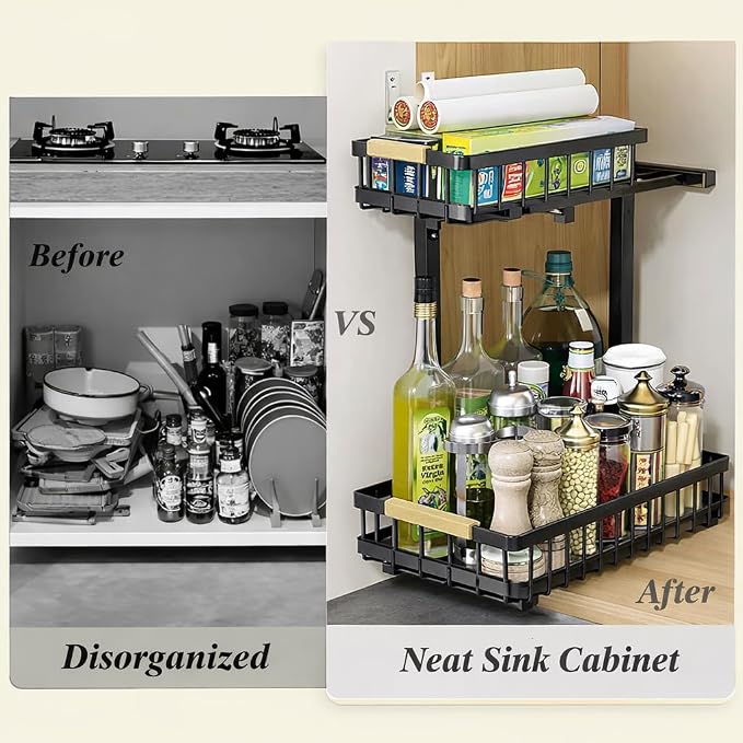 Lumela Under Sink Organizer, 2-Tier Slide-Out Cabinet Organizer Shelf, Height Adjustable Metal Pull-Out Storage Rack with Wood Handle for Kitchen & Bathroom Cabinets (Black) - Image 6