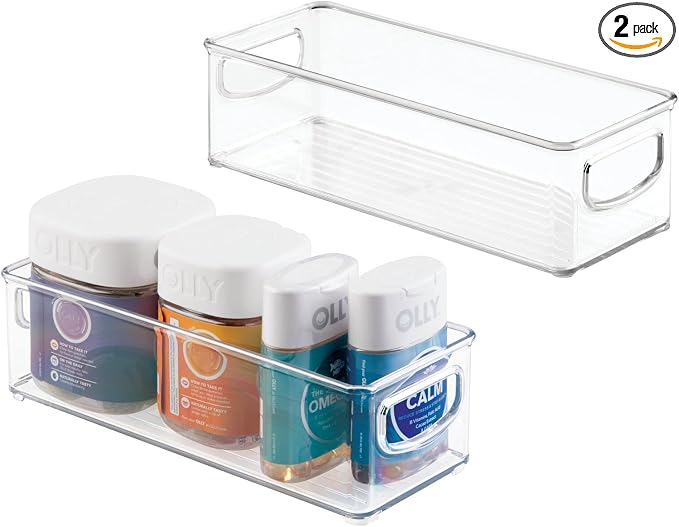 mDesign Plastic Bathroom Storage Container Bins w/ Handles - Closet, Cabinet, Vanity, Cupboard Shelf Organization, Hair Tools Accessory Organizer - Ligne Collection; Clear, 10x4x3 (Pack of 2) by mDesign