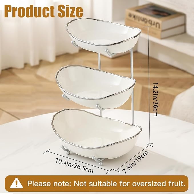 Ceramic Fruit Bowl for Kitchen Counter - 3 Tier Fruit Basket with Metal Stand, Tiered Fruit Stand for Countertop, Snack, Nuts, Cake, Dessert, Cute (Silver-rimmed, Small) S1 - Image 5