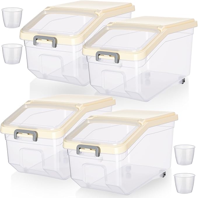 4 Pcs Rice Storage Containers Bulk Flour Sugar Container Wheels Measuring Cups Set Airtight Pet Dog Cat Birds Food Bin Grain Cereal Organizer Box for Dry Baking(Beige,22 lb) by Sunnyray