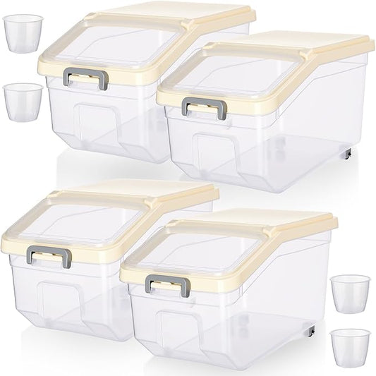 4 Pcs Rice Storage Containers Bulk Flour Sugar Container Wheels Measuring Cups Set Airtight Pet Dog Cat Birds Food Bin Grain Cereal Organizer Box for Dry Baking(Beige,22 lb) by Sunnyray