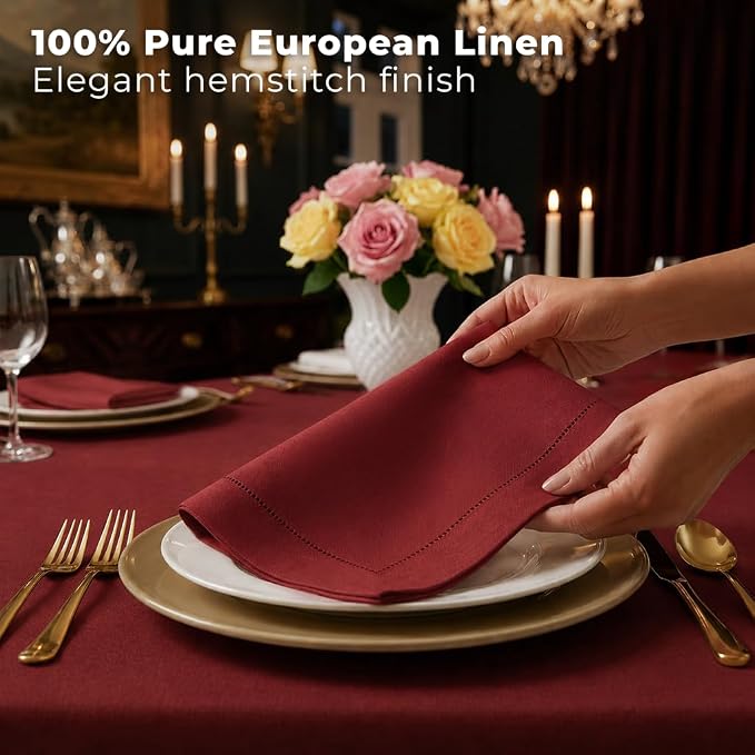 Signature Linen™ by D'Moksha Red Dinner Napkins Set of 4, 20 x 20 Inch Cloth Napkins, 100% Pure Linen, Hemstitch, Machine Washable Table Napkins- Summer, Weddings, Outdoor hostings - Image 3