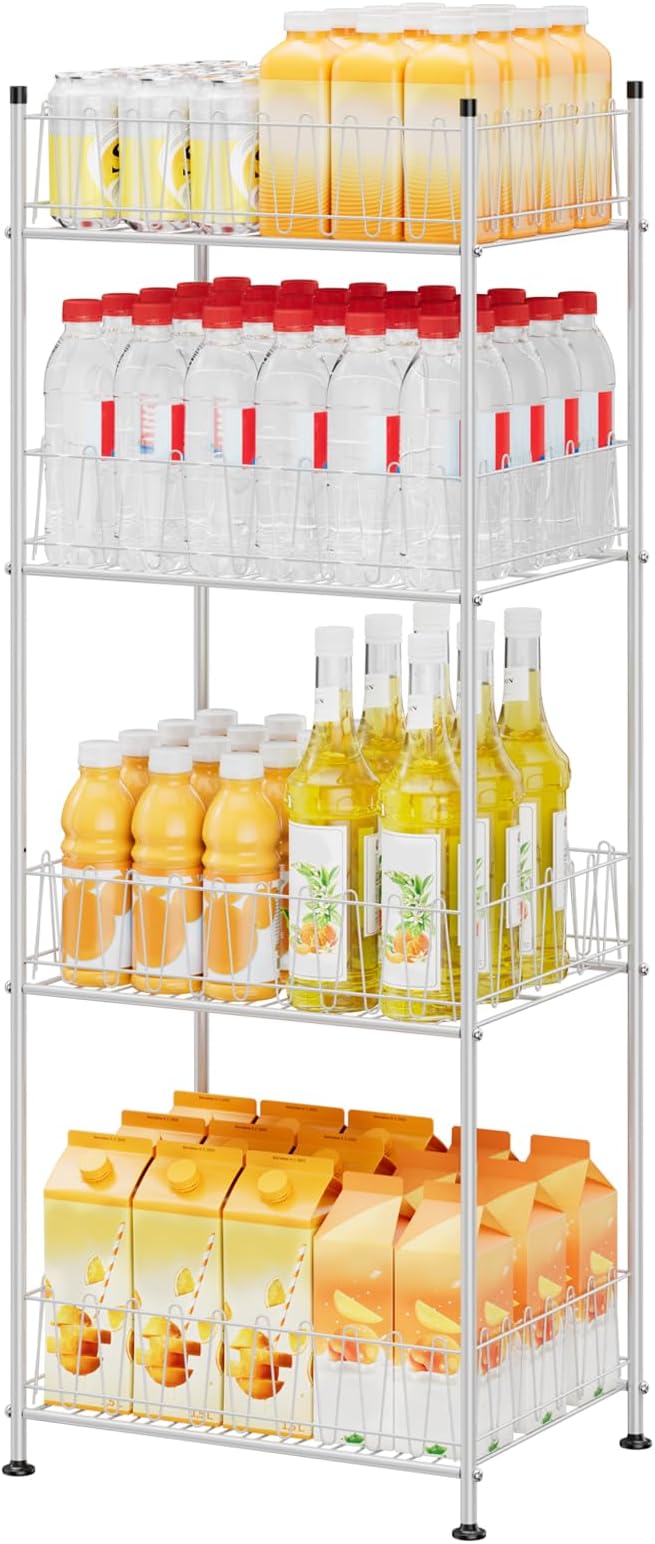 ETELI Water Bottle Holder Organizer 4 Tier Drink Can Shelf Organizer Rack for Floor Freestanding Water Bottle Rack Stand Beverage Storage Shelf for Pantry Kitchen Food Storage, Silver by ETELI