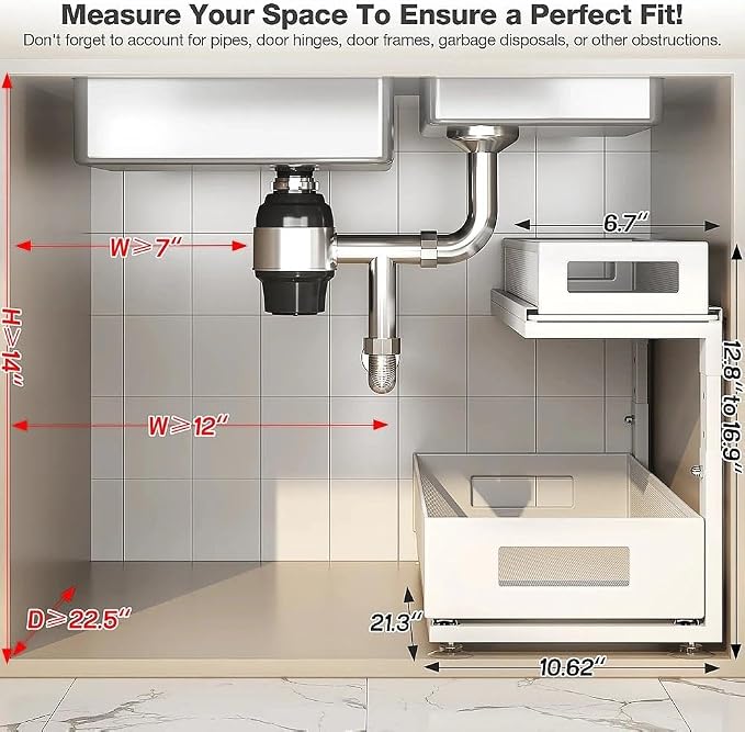 2 Pack 21.3IN-Depth Under Sink Organizer With Next-Gen Ball-Bearing Slides,2-Tier Pull Out Cabinet Storage,Height Adjustable Drawer Shelf for Bathroom,Kitchen,Laundry,Cabinet,Pantry-White - Image 2