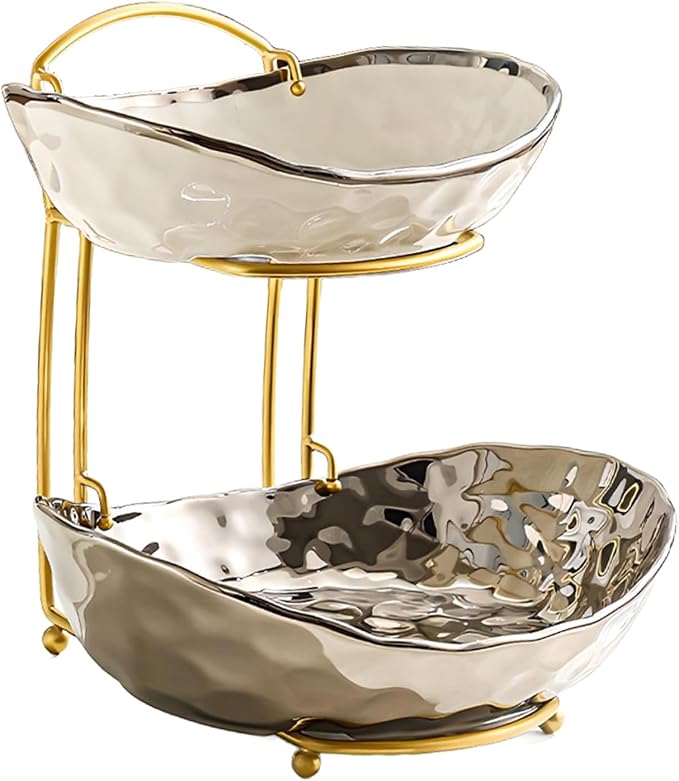 XUDREZ 2 Tier/ 3 Tier Fruit Bowl with Metal Stand for Kitchen Counter, Ceramic Gold Silver, Portable Tiered Fruit Basket Fruit Rack for Nuts, Snacks, Bread, Candy Storage (Silver, 2 Tier) by XUDREZ