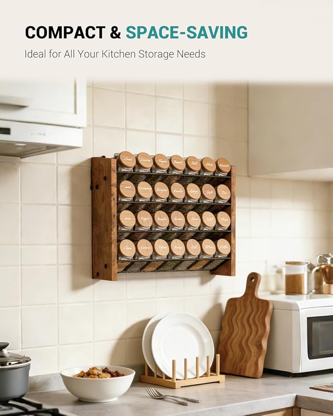 NESAPTO Spice Rack Organizer for Cabinet, Wood 4-Tier Vertical Seasoning Organizer, Wall Mount or Countertop Spice Shelf, Holds 28 Jars (No Jars Included), 14" W x 9.4" H - Image 5