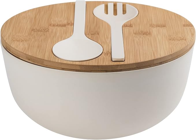 LOVYANXUE Bamboo Fiber Salad Bowl with Servers Set Large 9.8inches Nature Bamboo Mixing Bowl with Servers with Lid Spoon and Fork for Fruits,Salads and Vegetables by LOVYANXUE