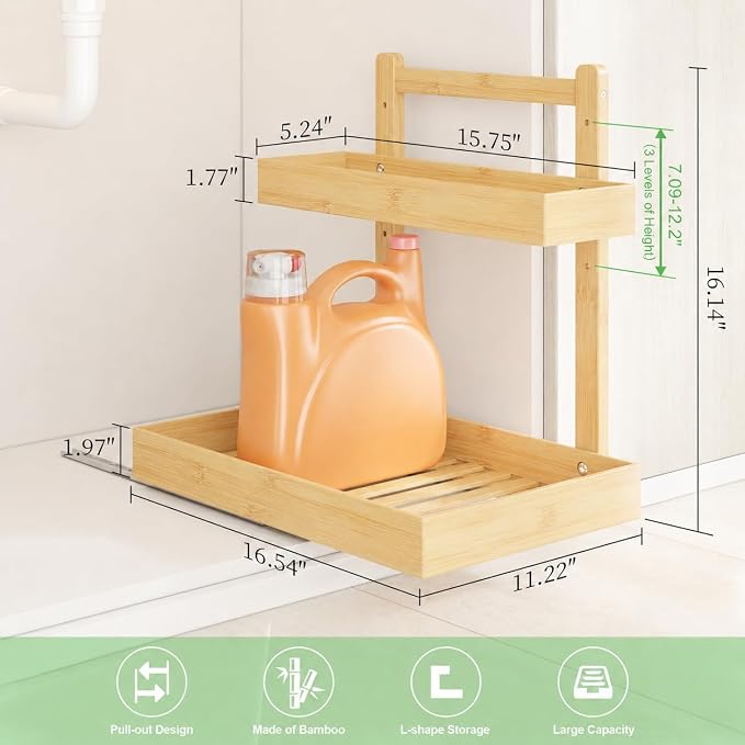 Bamboo Under Sink Organizer 2 Pack, 2-Tier Pull Out Cabinet Organizer | Kitchen Sink Organizer | Bathroom Cabinet Organizer | Cleaning Supply Storage | L-Shape | 3-Level Adjustable | Natural Bamboo - Image 7