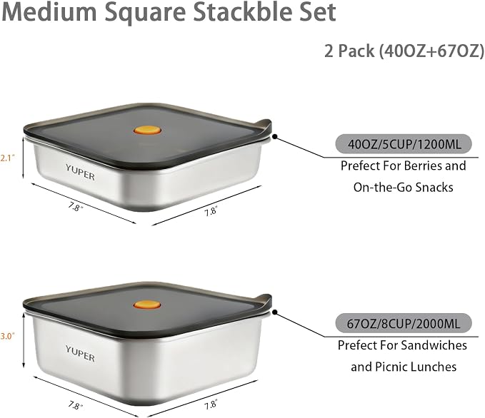 YUPER Stainless Steel Food Containers, 2 Pack (40+67OZ) | Meal Prep Containers with Lids, Perfect for Sandwiches, Fruits, Snacks, Lunch and Leftovers Storage - Image 2