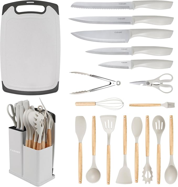 19PCS White Kitchen Cooking Utensils Set Kitchen Tools Set | 6 Stainless Steel Knives, 11 Silicone Utensils with 1 Cutting Board, Ideal for Apartment by CADABY