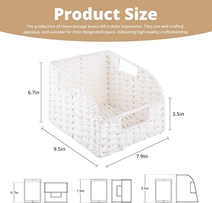 OIAHOMY Pantry Baskets for Organizing, Paper Rope Baskets with Built-in Handles, Wicker Storage Bints for Shelves, 2 Pack-White - Image 3
