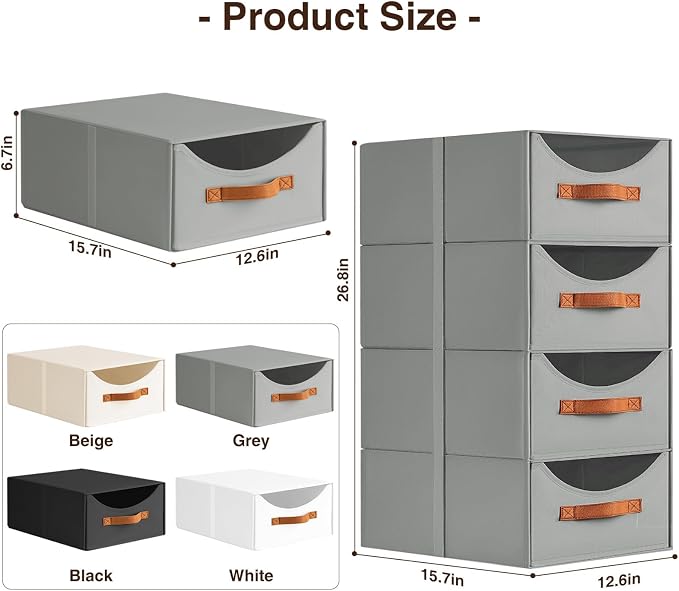 Stackable Storage Drawers - Large Collapsible Storage Bins with Drawers, 8 Pack Closet Shelf Organizer Basket, Fabric Pull Out Organizer for Bedroom, Living Room, Dorm, Grey - Image 3
