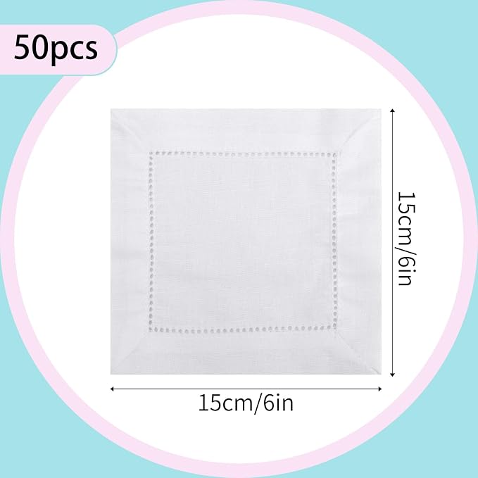 50pcs Linen Hemstitch Cocktail Napkins, 15x15cm/6x6in Reusable Square Cotton Fabric Cloth Beverage Napkins Suitable for Wedding Birthday Baby Shower Party Home Bar Supplies (White) - Image 2