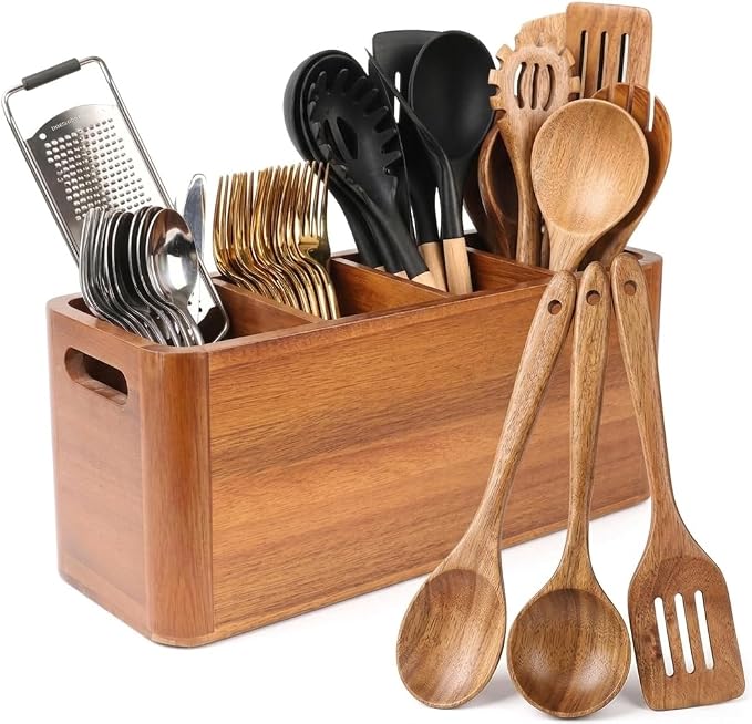 Kitchen Utensil Holder for Counter and Countertop, Acacia Utensil Organizer with 3 Pcs Wooden Spoon Set, Large Drying Holder for Kitchen, 4-Compartment Storage for Cooking Utensils, Kitchen Decor by powerfulxishan