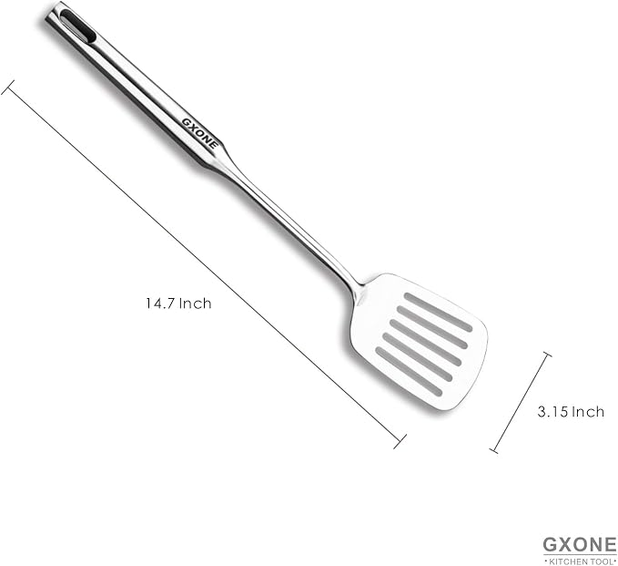 Slotted Turner & Spatula for Cast Iron Skillet Grilling Cooking | 304 Stainless Steel Kitchen Utensil,Metal Spatula,Hollow Handle,Flipping Food,14.9 Inch - Image 2