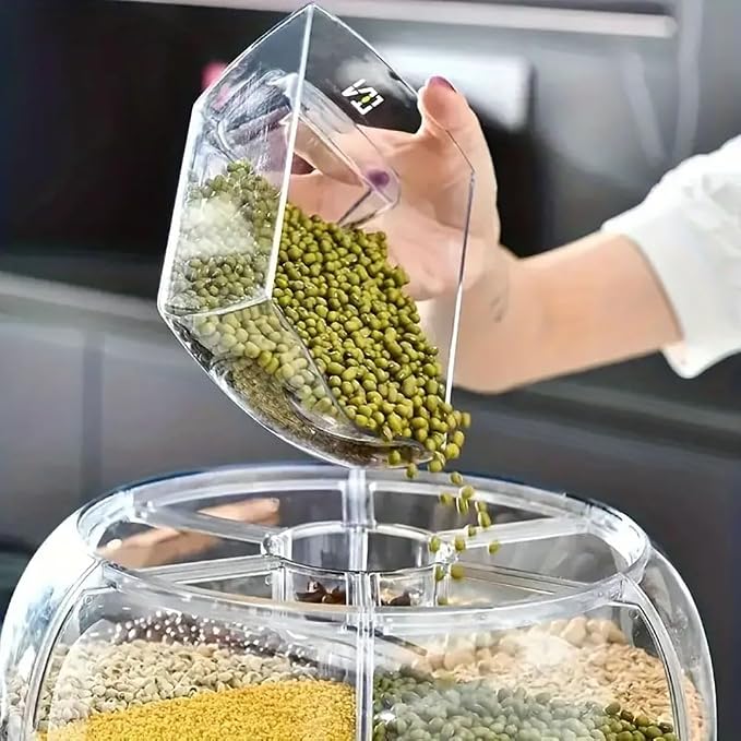 Rice Dispenser, 6-Compartment Rotating Grain Storage Container, Large | 360° Rotating Countertop Cereal Dispenser for Pantry with Push Button, Dry Food Organizer for Rice, Beans, Grains and Nuts - Image 3