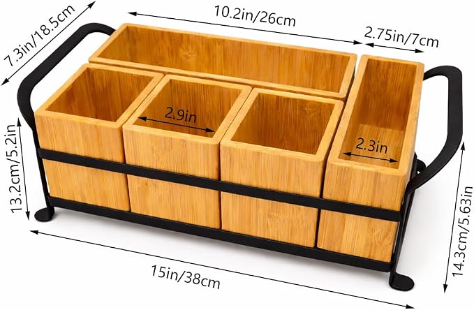 Bamboo Utensil Caddy with Handle - 5 Compartment Silverware Holder for Party & Kitchen Countertop - Removable Wooden Flatware Organizer for Picnic, BBQ, Buffet, RV & Outdoor Dining - Image 4