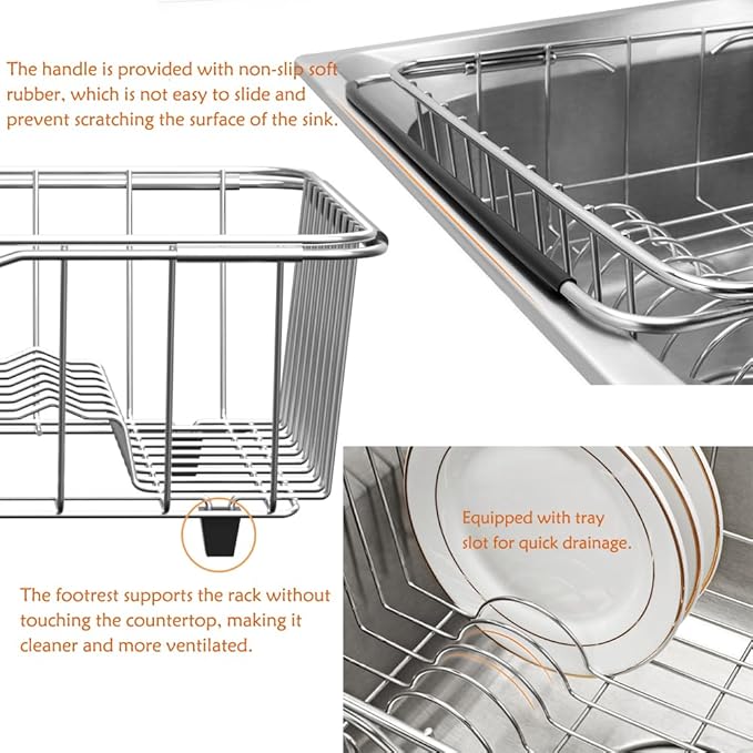 NiuYichee Stainless Steel Dish Drying Rack(15"L X 11"W X 4.1"H), Expandable Fruit & Vegetable Drain Rack over Sink, Dish Drainer Rack in Sink, with Stainless Steel Utensil Holder & Silicone Mat(16") - Image 7