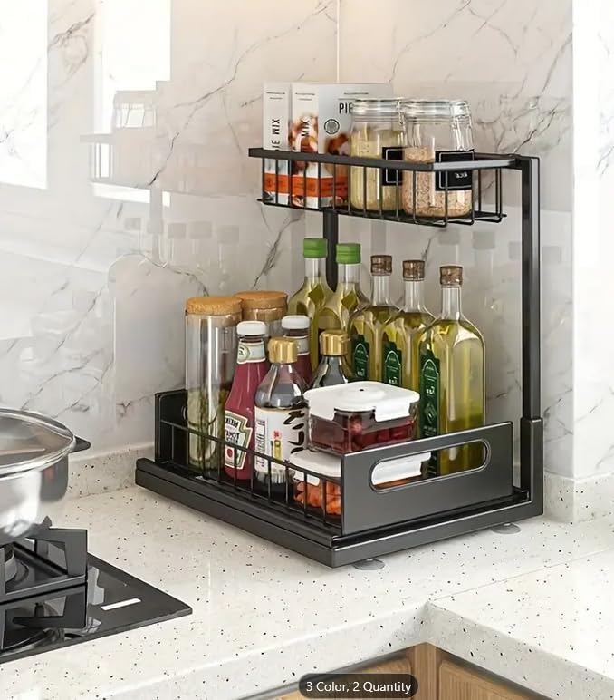Under Sink Organizer 2-Pack Slide Out Drawer 2 Tier Storage Black Under Cabinet Kitchen Bath - Image 5