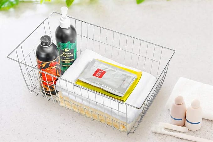 SANNO Freezer Baskets for Storage Pantry Large Metal Wire Food Storage Organizer Bin Basket with Handles - for Kitchen Cabinets, Pantry, Bathroom, Laundry Room, Closets, Garage - Chrome，2 pack - Image 3