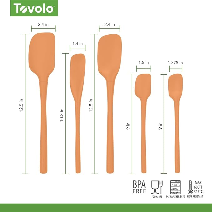 Tovolo Flex Core 5 Piece Silicone Spatula Set Heat Resistant All Silicone Utensils Include Non Stick Spatula Spoonula Jar Scraper, Dishwasher Safe BPA Free Spatulas for Baking Mixing, Apricot Orange - Image 5
