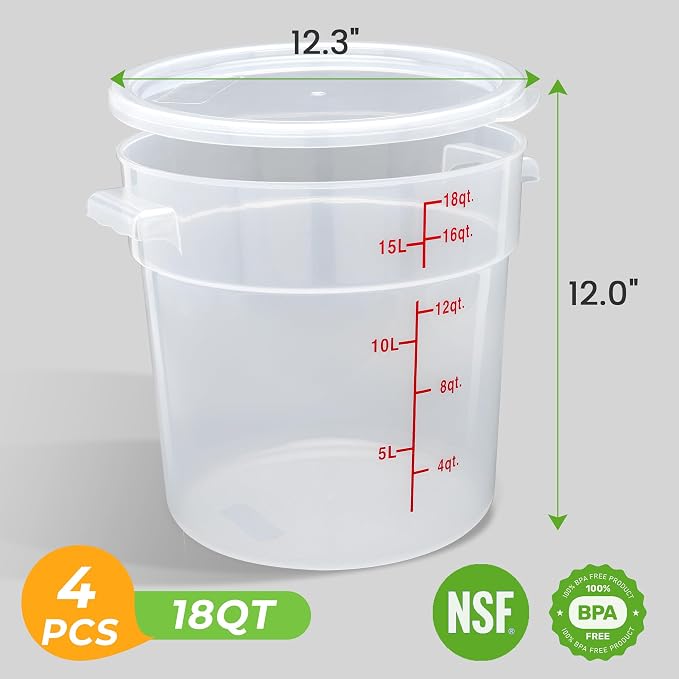 BIEAMA 4 Pack 18 Qt Round Food Storage Containers with Lids, Translucent PP | Include lids, labels, measuring cups and containers with capacity markings for food prep, pantry storage and dough proofing. - Image 2