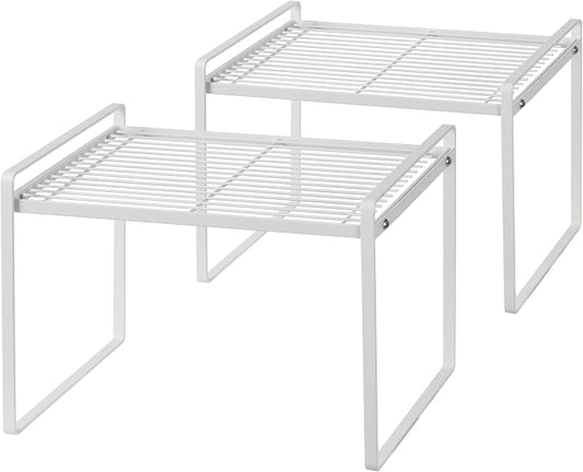 Shantton Cabinet Shelf Organizer, Pantry Shelf Rack, White 13.1x10.6x9.5 | 2-Pack Stackable Metal Riser Holds 40LBS with Non-Slip Feet for Kitchen Pantry Bathroom Countertop Freezer Cupboard by Shantton