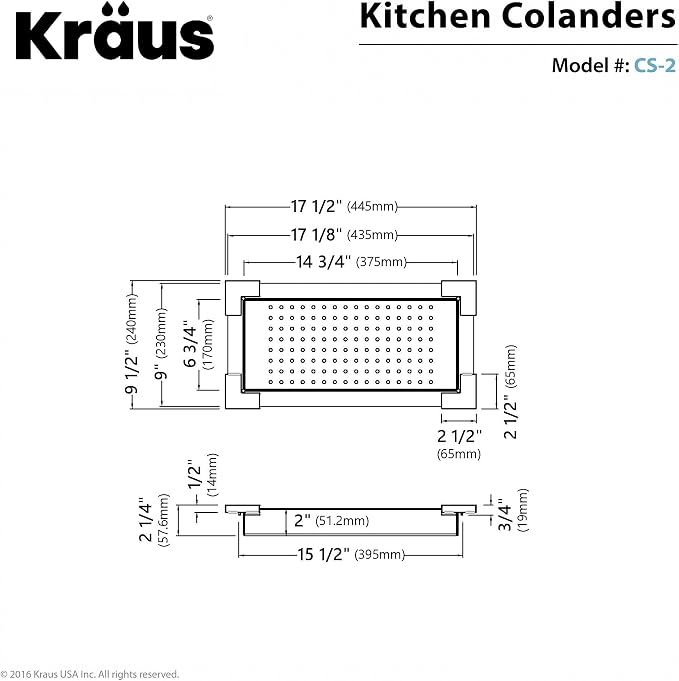 Kraus Stainless Steel Colander, 17 1/2" x 9 1/2" x 2 1/4", CS-2 - Image 2