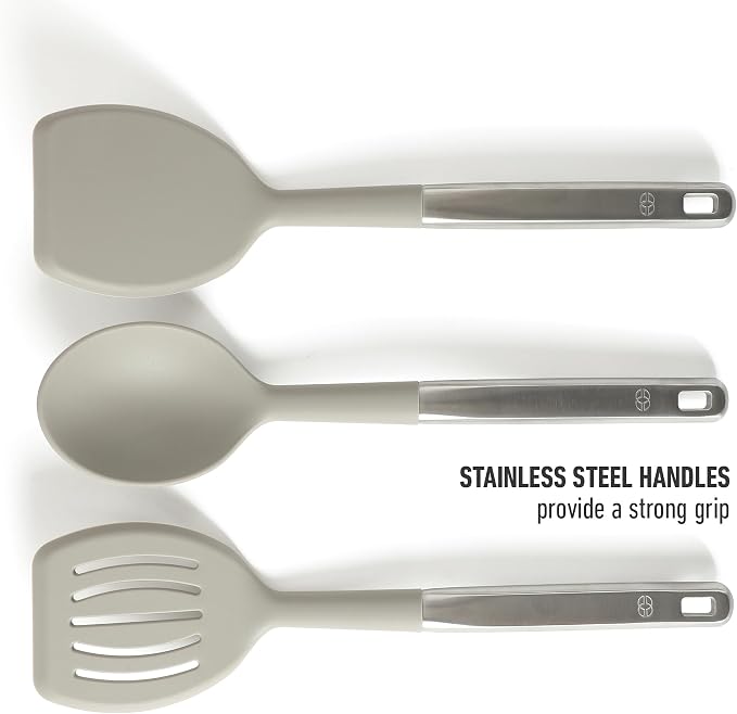 Calphalon Prime 7-Piece Silicone and Teak Wood Kitchen Tool Set, Stainless Steel Kitchen Utensil Set, Kitchen Spoon And Spatula Set, Heat Resistant Non-Slip Kitchen Gadgets Set - Taupe - Image 4