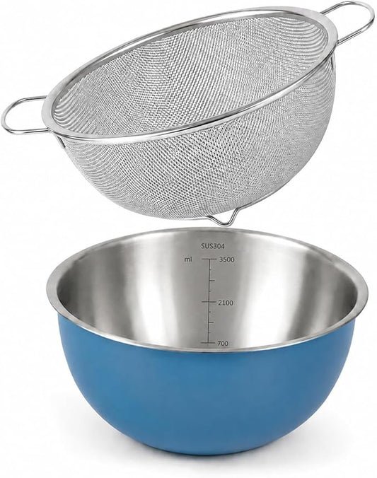 18/8 Stainless Steel Colander with Mixing Bowl, 3.5QT | 1 nesting mixing bowls with measurement marks and 1 fine 30-mesh strainers for rice,vegetables, pasta, baking, and food prep by HAPPYKIT