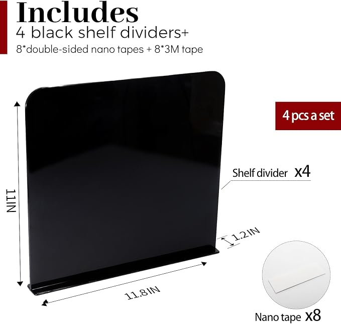 ROUFA Clear Shelf Dividers, 4Pcs Acrylic Closet Dividers Fit for Any Thickness of Shelves, Multi-Purpose Wood Shelf Separators for Bedroom, Kitchen, Office, Bathroom, 11.8''x11'' (Black) - Image 4