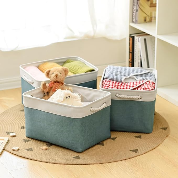 Organization and Storage basket for Organizing - 3 Pack 16x12x12 inch Cube Storage Bin for Shelves, Fabric Storage Cubes for Organizer Cloth Closet Toy Box (White & Green) - Image 3