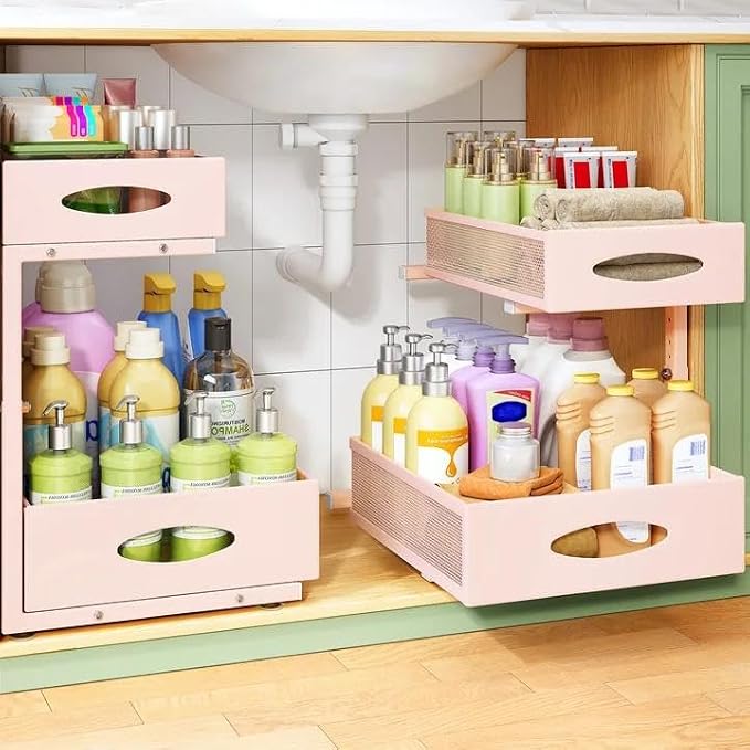 Under Sink Organizer, 1-Pack Pull Out Cabinet Organizer 2 Tier Metal Slide Out Storage Shelf Rack, L-Shaped Adjustable Height,Mesh Sliding Drawer for Kitchen, Bathroom, Laundry, Pantry, Pink, XL by Kitstorack