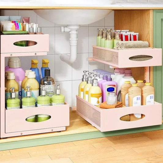 Under Sink Organizer, 1-Pack Pull Out Cabinet Organizer 2 Tier Metal Slide Out Storage Shelf Rack, L-Shaped Adjustable Height,Mesh Sliding Drawer for Kitchen, Bathroom, Laundry, Pantry, Pink, XL by Kitstorack